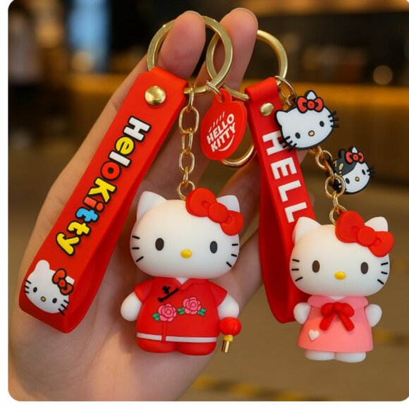 Hello Kitty Pink Red White Coffee Cup Keychain Gold-Tone Charm Wristlet 2 Pcs - Picture 1 of 1